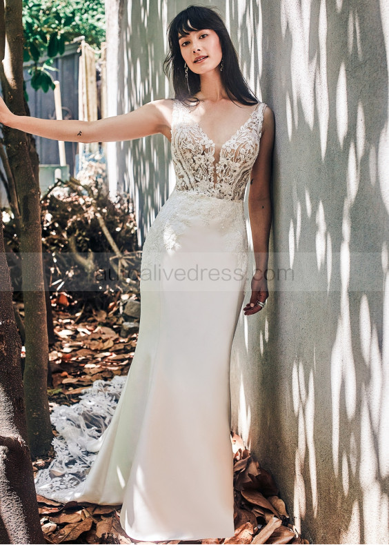 Beaded Ivory Lace Satin Wedding Dress With Long Train